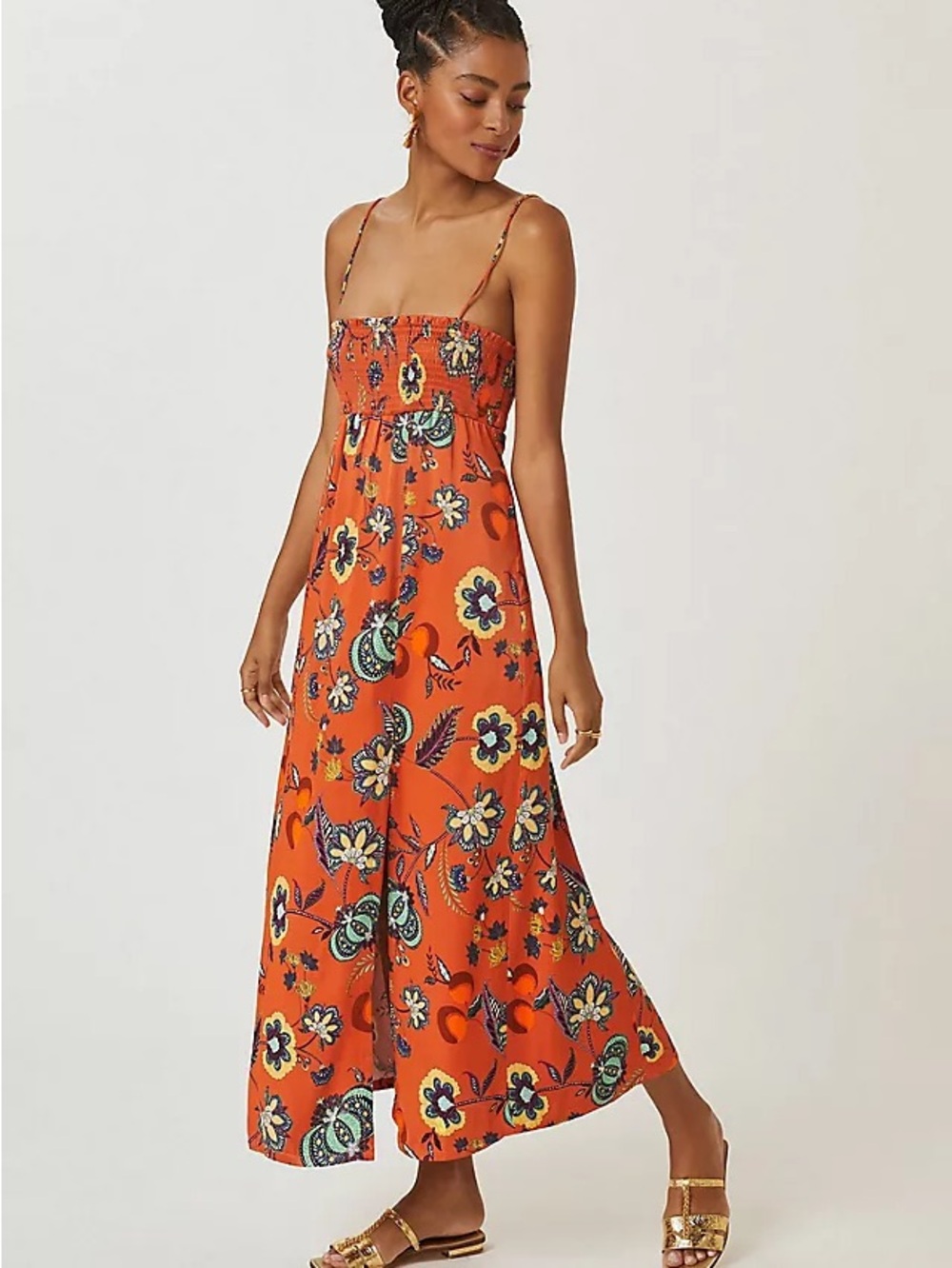 Anthropologie Maeve Floral Cross-Back Maxi Dress in Orange Multi color